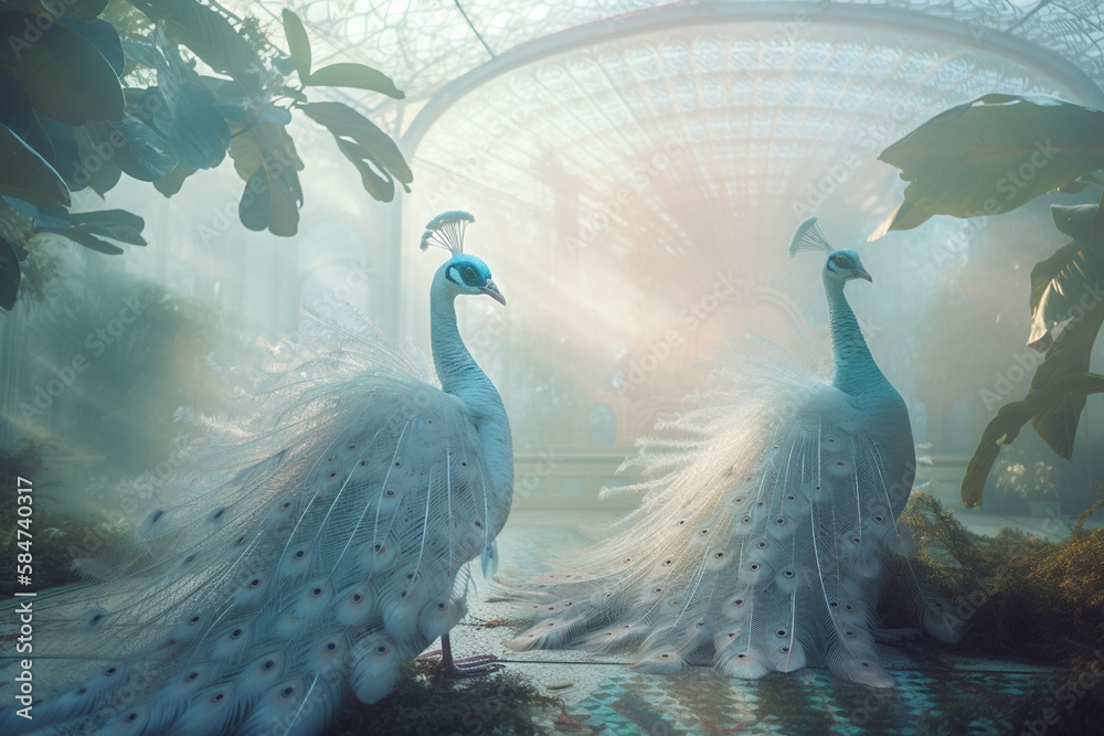 Obraz premium White Peacocks in a Glasshouse - AI Generated Image