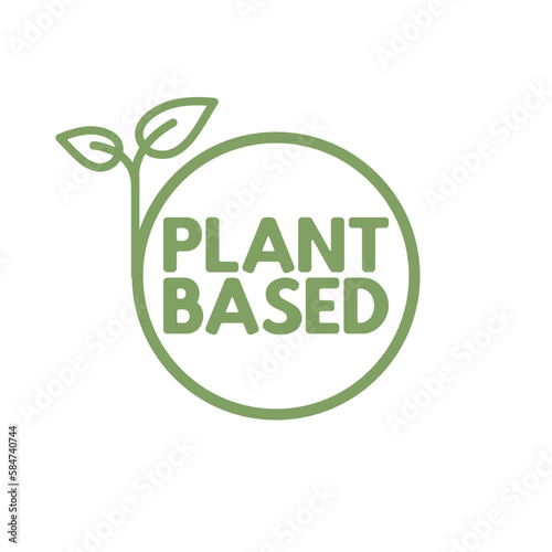 Plant based label. Text inside a circle with leaves around. Vegan friendly badge.