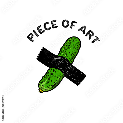 Piece of art t-shirt design cucumber taped to wall by adhesive tape modern art color line art sketch engraving vector illustration. T-shirt apparel print design. Black and white hand drawn image.