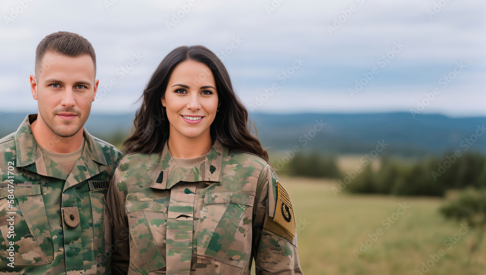 Military Man and Woman in Camouflage Uniform Dress Outside Posing for Camera Generative AI illustration