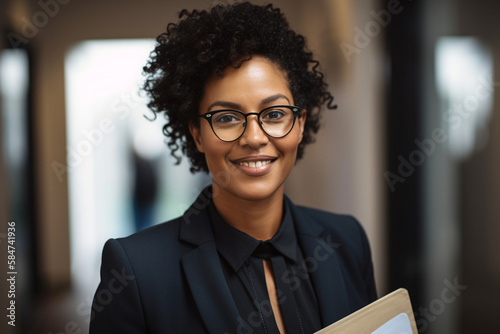 Mulher negra de negócios com terno preto segurando uma pasta em fundo desfocado photo