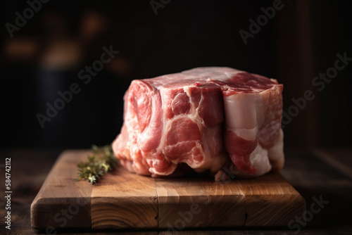Pedaço de carne de porco em cima de uma tábua de madeira com um alecrim ao lado photo