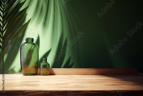 Espaço 3d vazio de madeira para cosméticos naturais com dois frascos de vidros vazios no fundo verde e sombra de plantas photo