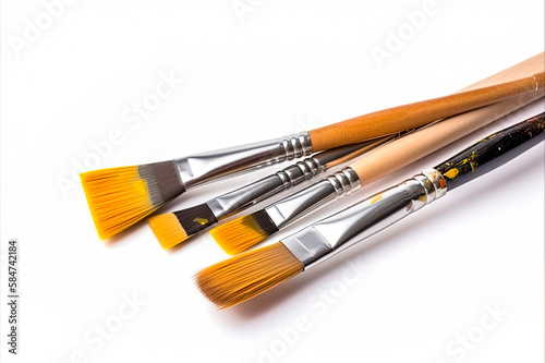 Composition of painting brushes on white background