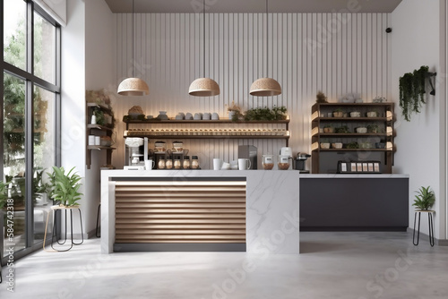 Ambiente 3d render de design de uma cafeteria clean e chique com mesa de mármore com vista frontal e uma bela janela lateral photo