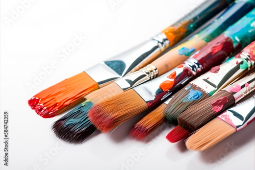 Composition of painting brushes on white background