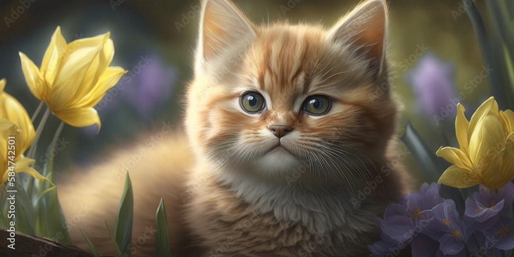 Cute kitten and flowers. Small cat in green grass. Red kitten in floral glade. Funny cat in spring blooming  garden. Generative ai illustration