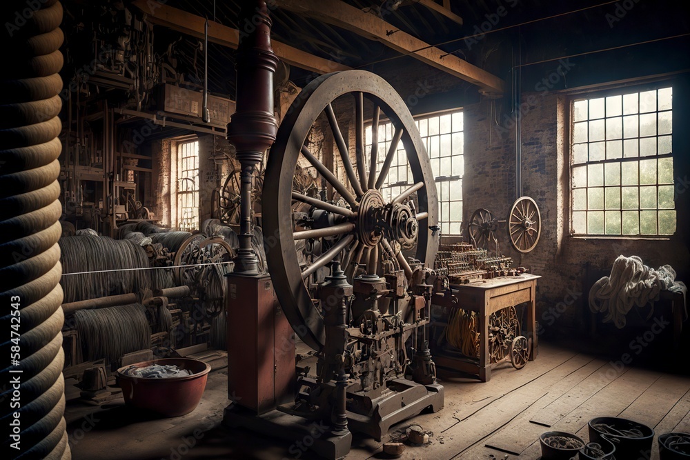 Vintage spinning wheel spindle for creating fabrics textile industry