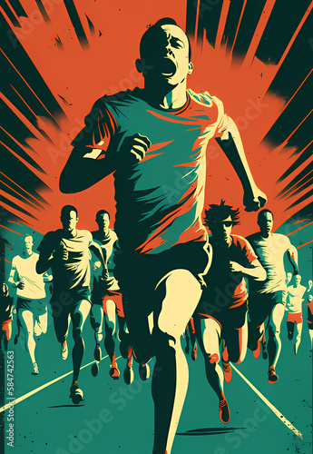 Runners competing in a race, poster style illustration, Generative AI