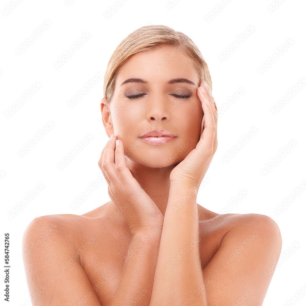 Skincare, natural beauty and woman for wellness, grooming and hygiene on an isolated and transparent png background. Skin and girl model relax after treatment, cosmetics and dermatology care