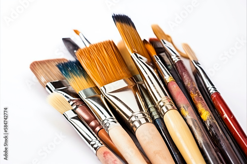 Composition of painting brushes on white background