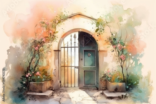 Spring door in a garden, Watercolor, Tranquil and peaceful, Soft lighting with warm colors Watercolor design graphic, vector, contour, white background. 