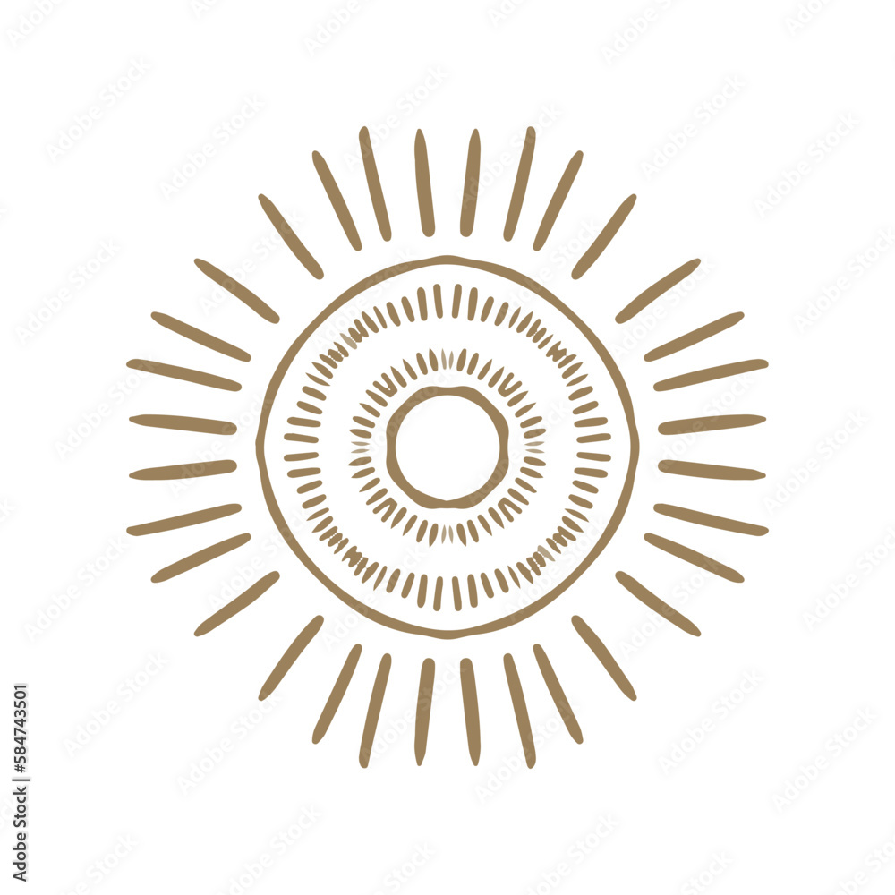 Fototapeta premium Vector golden sun in boho style. Abstract illustration of the sunrise hand-drawn in one line.. Celestial body, isoteric star, zodiac signs.
