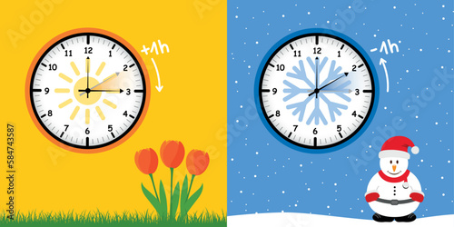 summer time and winter time concept with clock flower and snowman