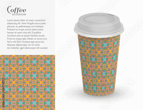 Cardboard paper cup of coffee with ornament and seamless geometric pattern. Take away coffee packaging template, isolated design elements for coffee shop, restaurant menu. Realistic vector cup