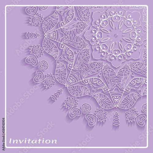 Lace Invitation Card template with mandala element. Doodle line pattern. Decorative openwork filigree art background for Wedding, Valentine's day greeting card, Birthday Invitation