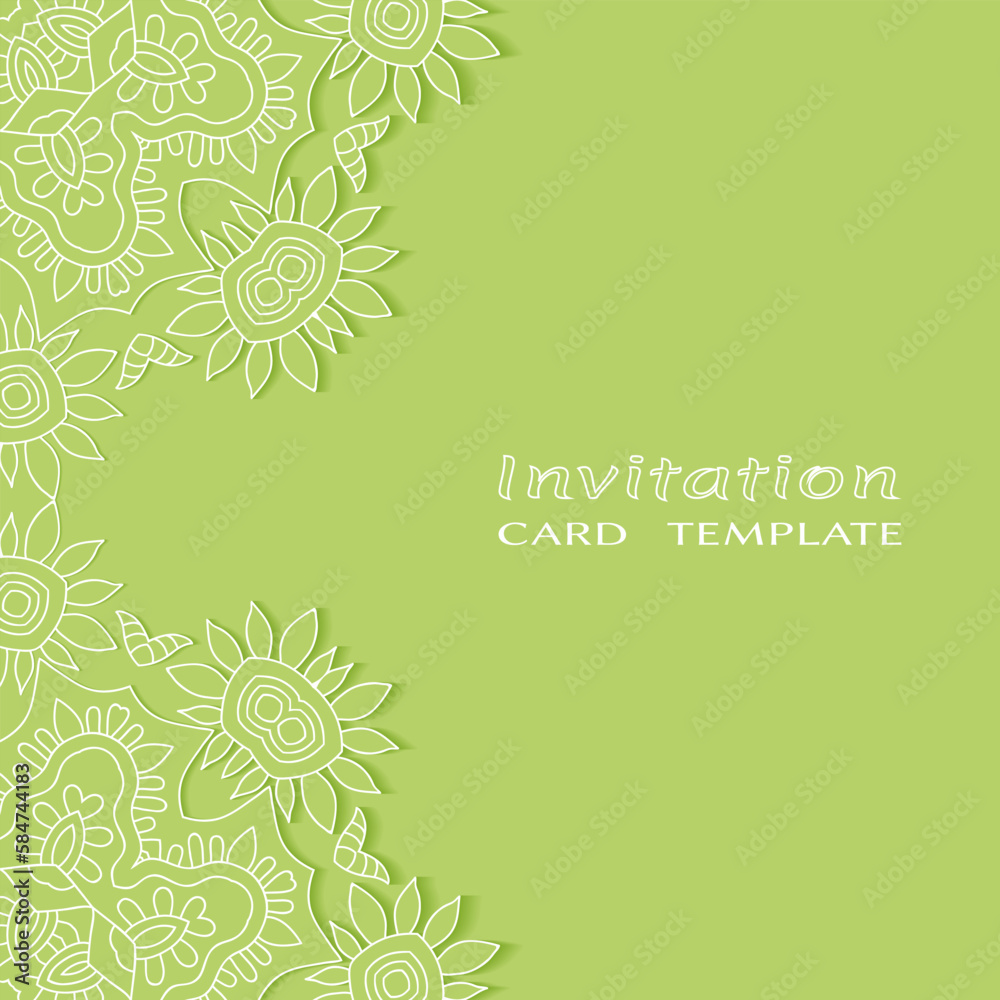 Naklejka premium Lace Invitation Card template with mandala element. Doodle line pattern. Decorative openwork filigree art background for Wedding, Valentine's day greeting card, Birthday Invitation