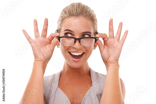 Shock  excited and portrait of a woman with glasses on an isolated  transparent png background with a omg  wow or wtf expression. Shocked  surprise and smart female model with spectacles