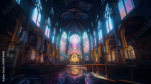 a large room like a temple with stained glass windows 