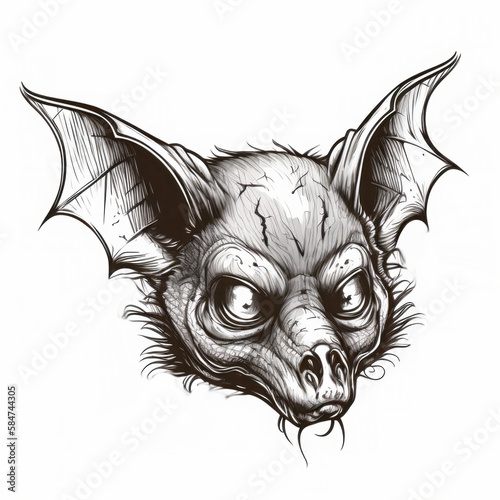 Stylized drawn bat head in black color on white background. Generative AI illustration.