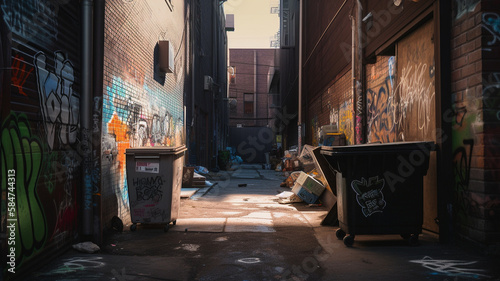 A gritty back alley in a run-down urban neighborhood, with graffiti-covered walls and overflowing trash cans, ai generative
