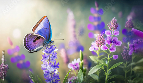 Beautiful butterfly in the field of blue and violet flowers. AI generated illustration. photo