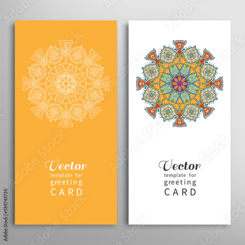 Cards or Invitations set with tribal ethnic mandala ornament  doodle floral geometric pattern for wedding  bridal  Valentine s day  greeting card or birthday invitation. Decorative colorful background