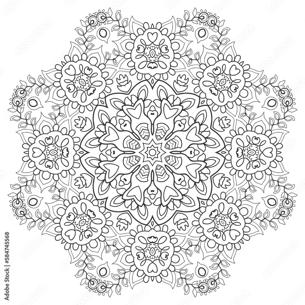 Mandala isolated design element, geometric line pattern. Stylized floral round ornament. Zen doodle art, monochrome sketch for coloring book page, textile fabric print. Black and white illustration Mandala isolated design element, geometric line pattern. Stylized floral round ornament. Zen doodle art, monochrome sketch for coloring book page, textile fabric print. Black and white illustration