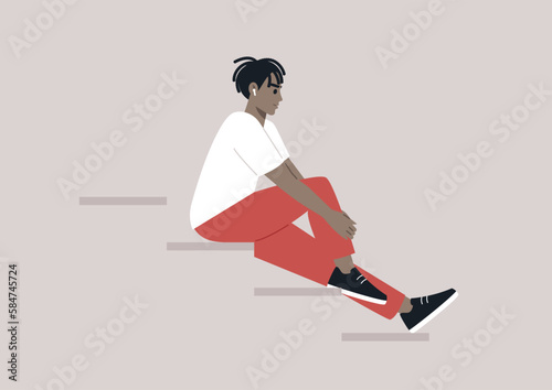 Young male African character sitting on the stairs, lost in the music streaming through their earphones