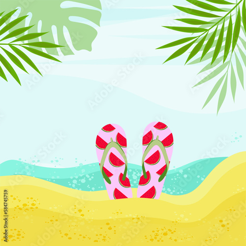 Summer beach. Sand, ocean, flip-flops with watermelon pattern. Vector background, template