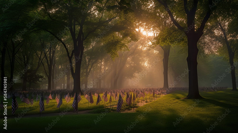 american flags in war cemetery on Memorial Day, Remember and Honor, generative ai