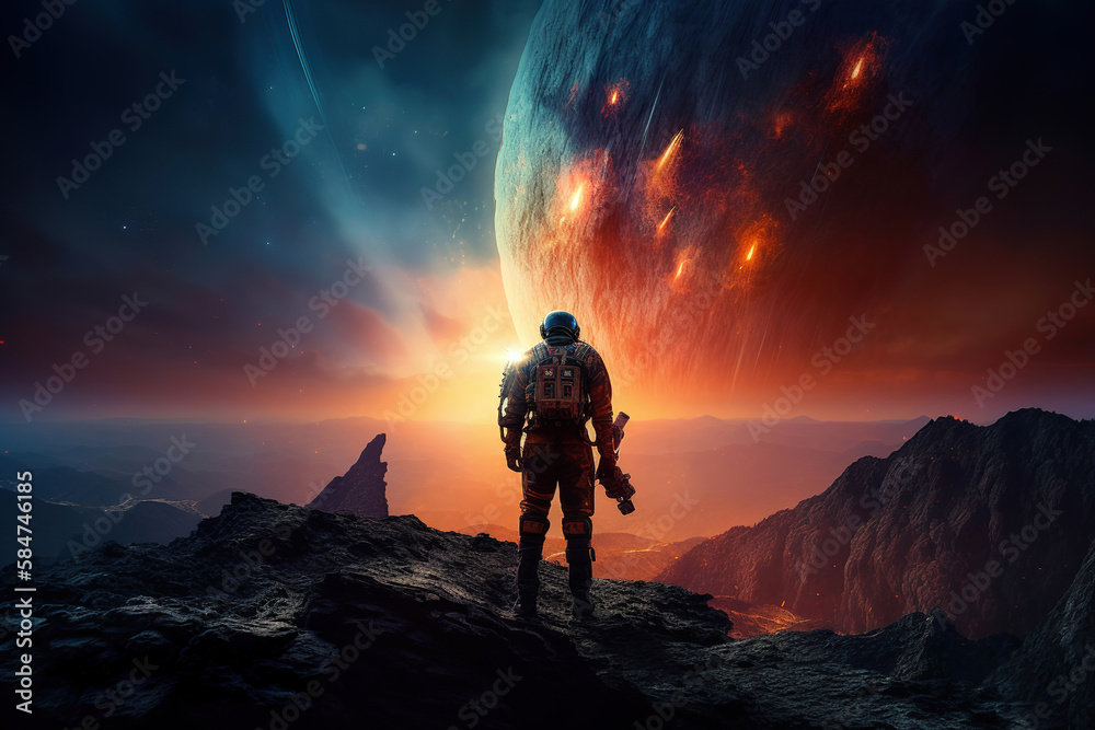 illustration of a lonely space marine soldier in an alien planet, standing on a mountain and looking into the universe, astronaut standing on an alien planet, generative ai
