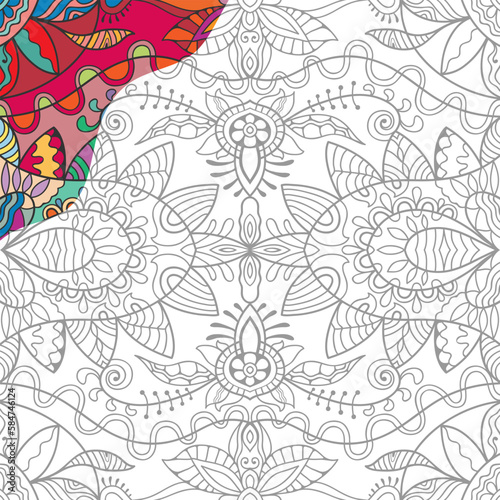 Decorative doodle pattern for coloring book. Hand drawn fantasy line art  floral geometric ornament for painting  coloring page. Tribal ethnic decoration. Black and white with sample of colors