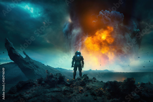 illustration of a lonely space marine soldier in an alien planet, standing on a mountain and looking into the universe, astronaut standing on an alien planet, generative ai