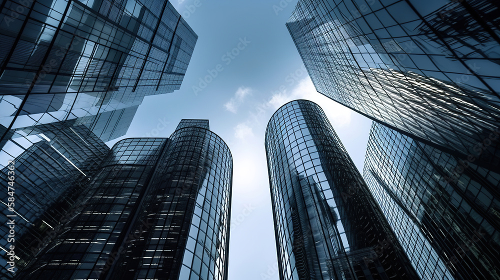 modern city skyscrapers, bottom perspective, blue sky, generative ai
