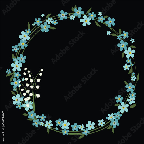 Abstract floral frame with space. Spring flowers: forget-me-nots and lilies of the valley.