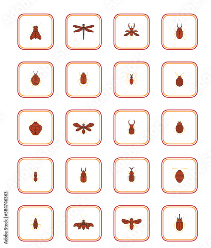 insect vector icon set with white color background with red lines with yellow