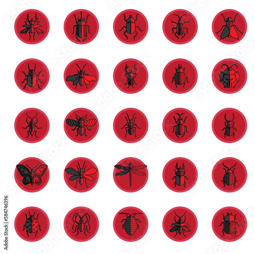 insect vector icon set with red color background