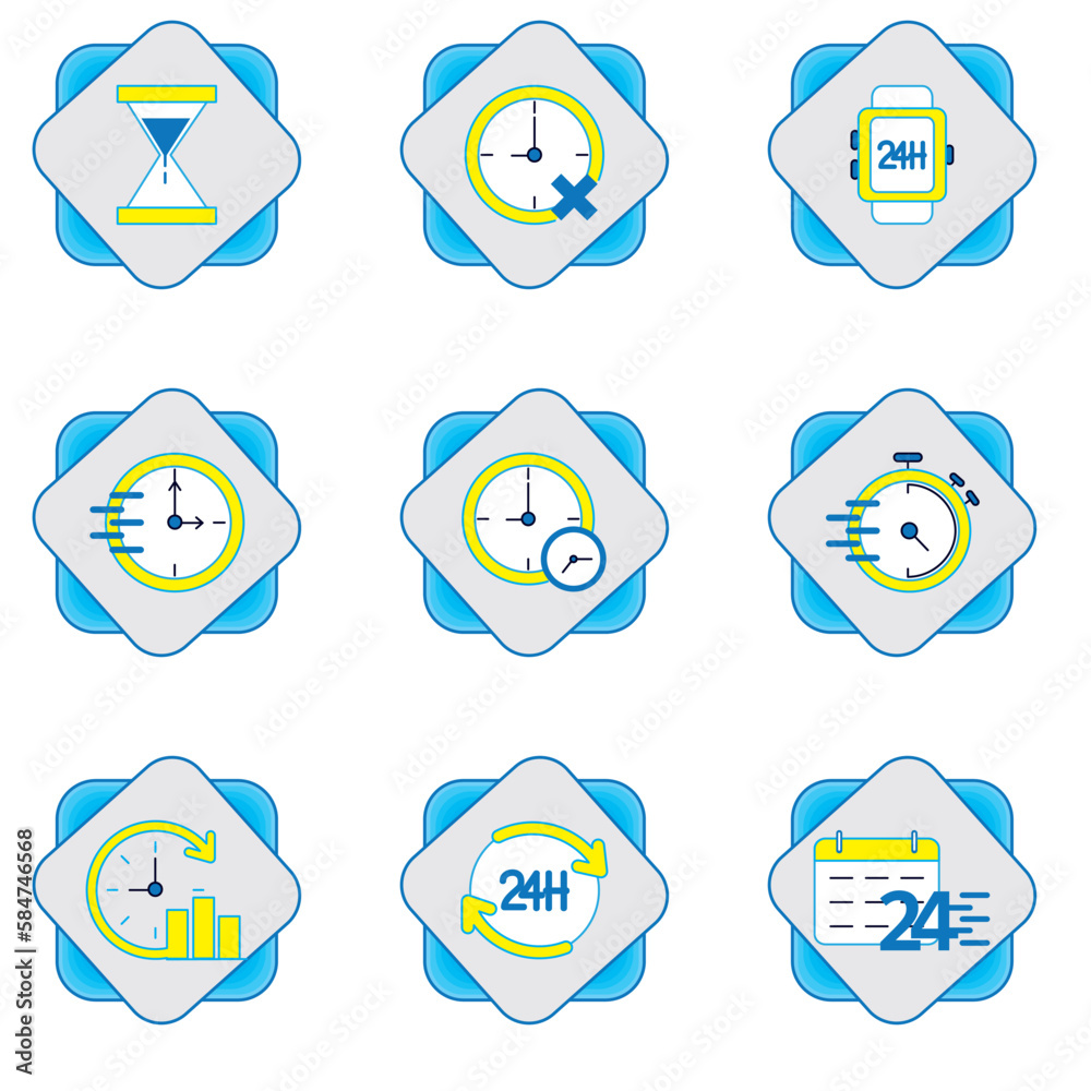 set of vector images of clock icons on blue background set of vector images of clock icons on blue background