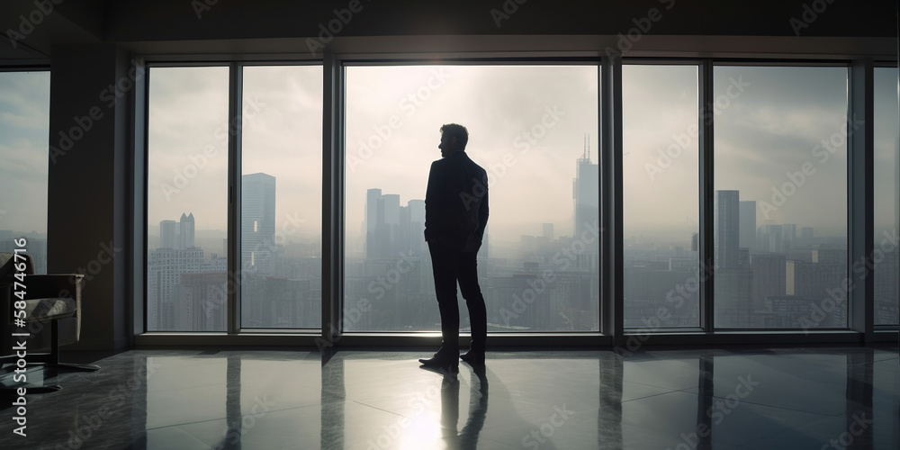 businessman standing in front of window, overlooking to the city, generative ai