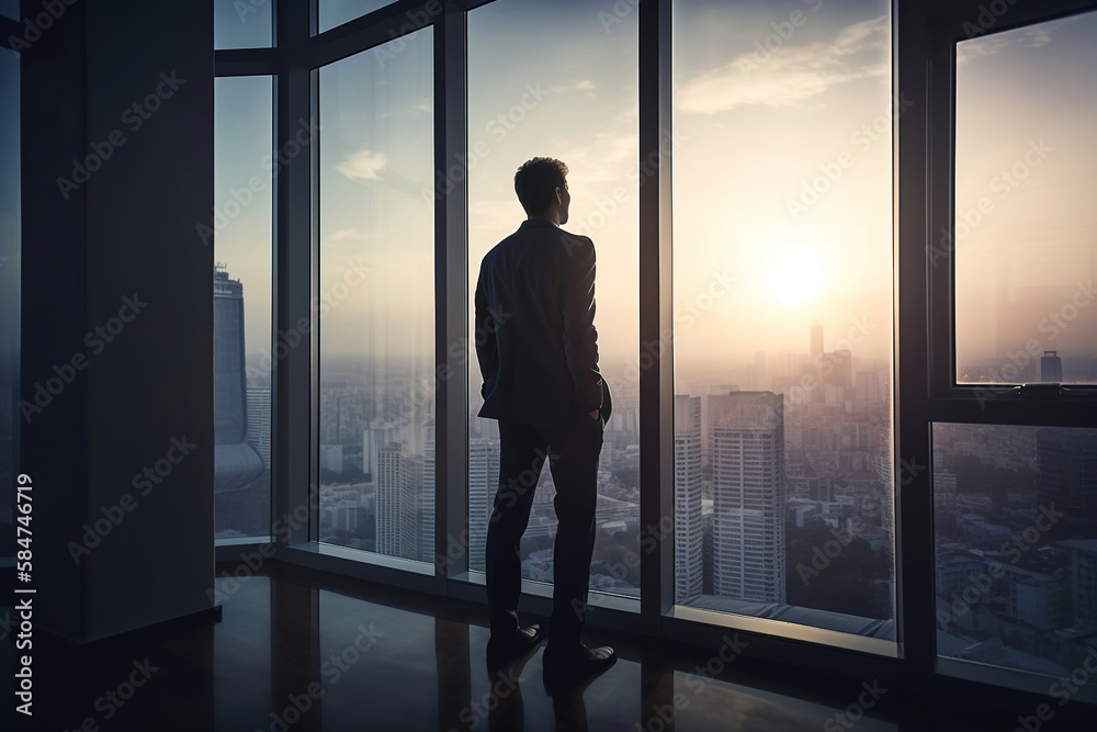 businessman standing in front of window at sunset, overlooking to the city, generative ai businessman standing in front of window at sunset, overlooking to the city, generative ai