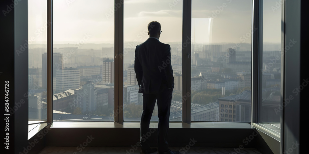 businessman standing in front of window, overlooking to the city, generative ai businessman standing in front of window, overlooking to the city, generative ai