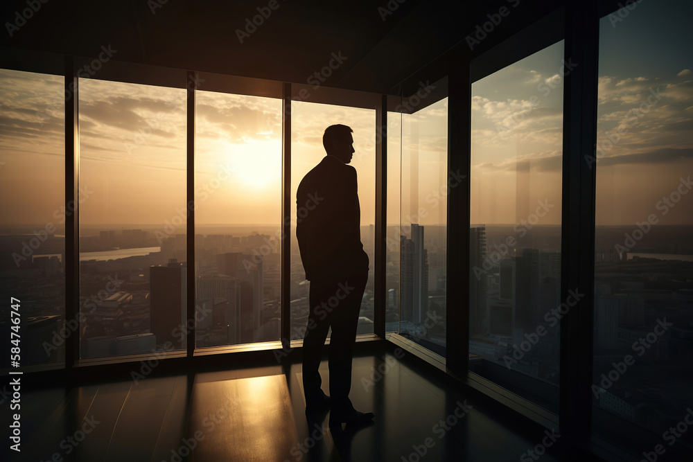 businessman standing in front of window at sunset, overlooking to the city, generative ai