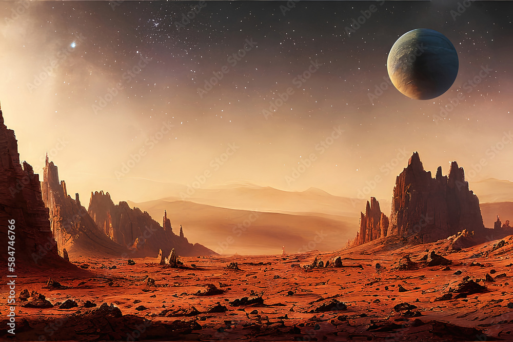 Planet mars 3d illustration, science fiction background. Generative AI.