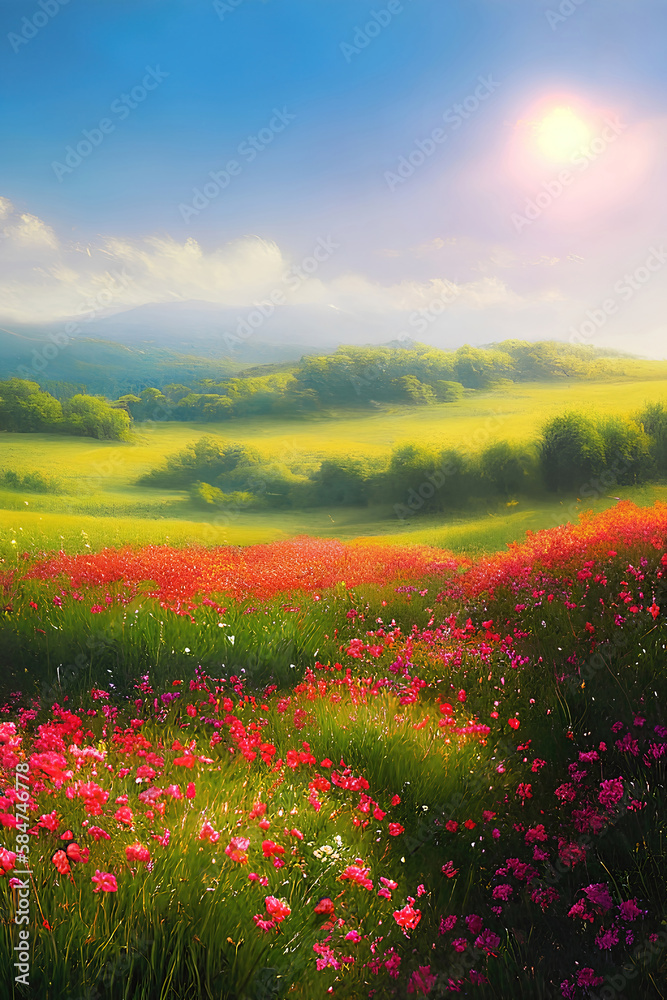 Summer landscape, countryside flowers and meadows, Generative Ai.
