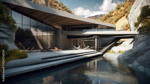 modern luxury hosue in the mountains with big outside pool, generative ai