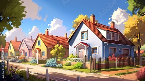 illustration of a friendly neighbourhood, colorful town houses, nice streets, blue sky with fluffy white clouds, generative ai © Gbor
