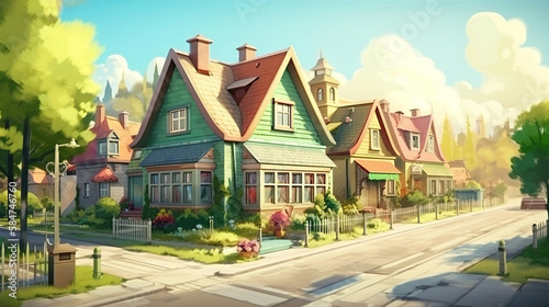 illustration of a friendly neighbourhood, colorful town houses, nice streets, blue sky with fluffy white clouds, generative ai