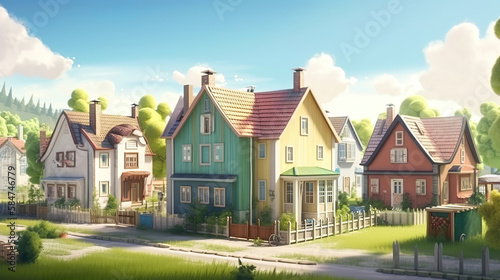 illustration of a friendly neighbourhood, colorful town houses, nice streets, blue sky with fluffy white clouds, generative ai