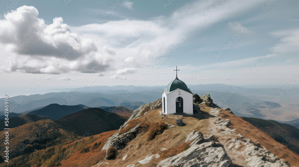 little white chapel in the mountains, church on the top of a summit, generative ai